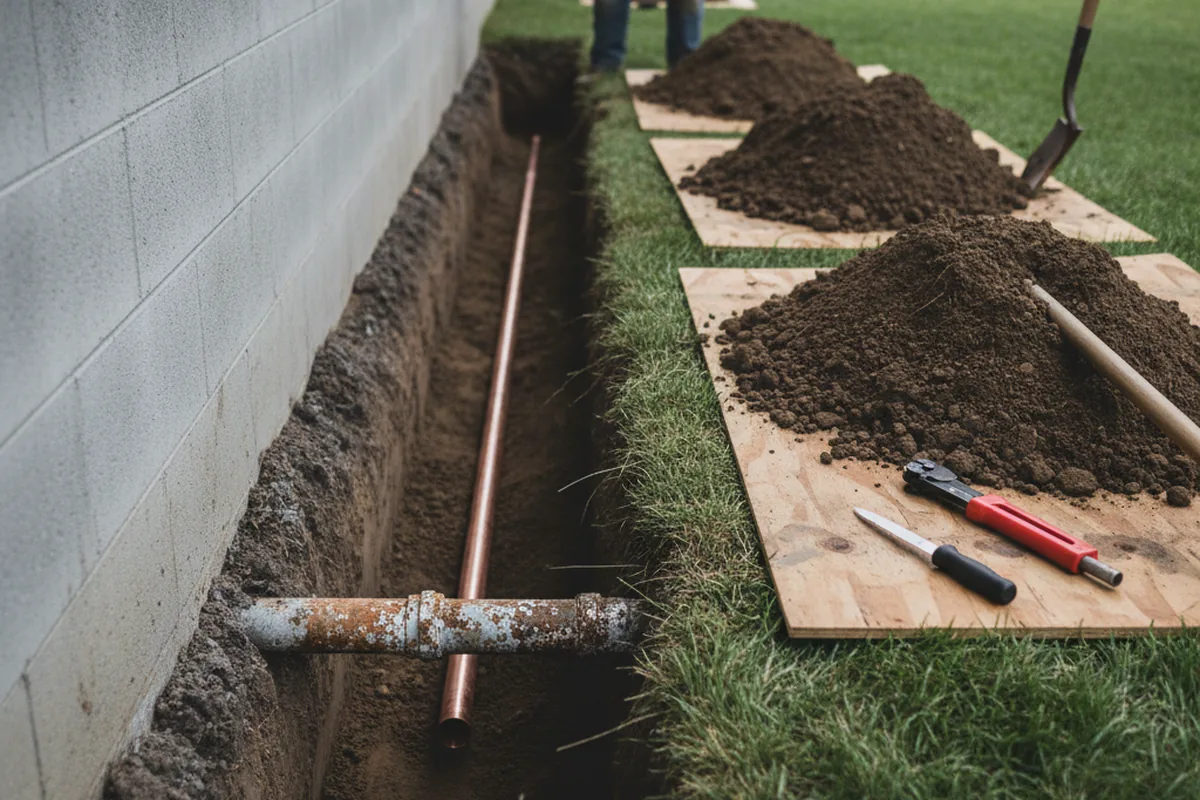 Excavated water line trench during Water Heater Repair in Londonderry